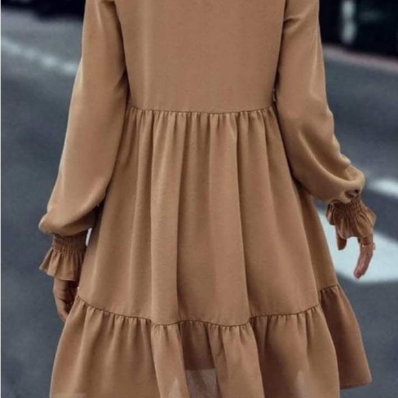 Tan Long Sleeve Tiered Sundress with Mock Neck - Picture 3 of 8